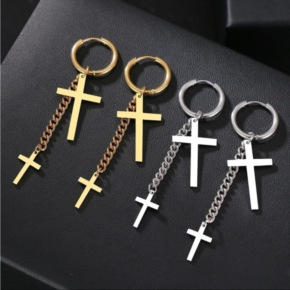 ⭐️ New Gold or Silver Cross Dangle Hoop Earrings - Picture 1 of 10
